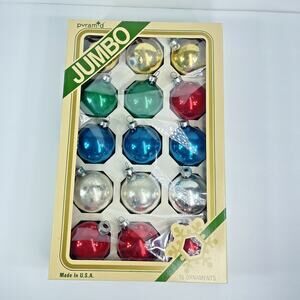 Vintage Pyramid Jumbo Glass Christmas Ornaments 15 ct USA 1970s Original w/Hooks